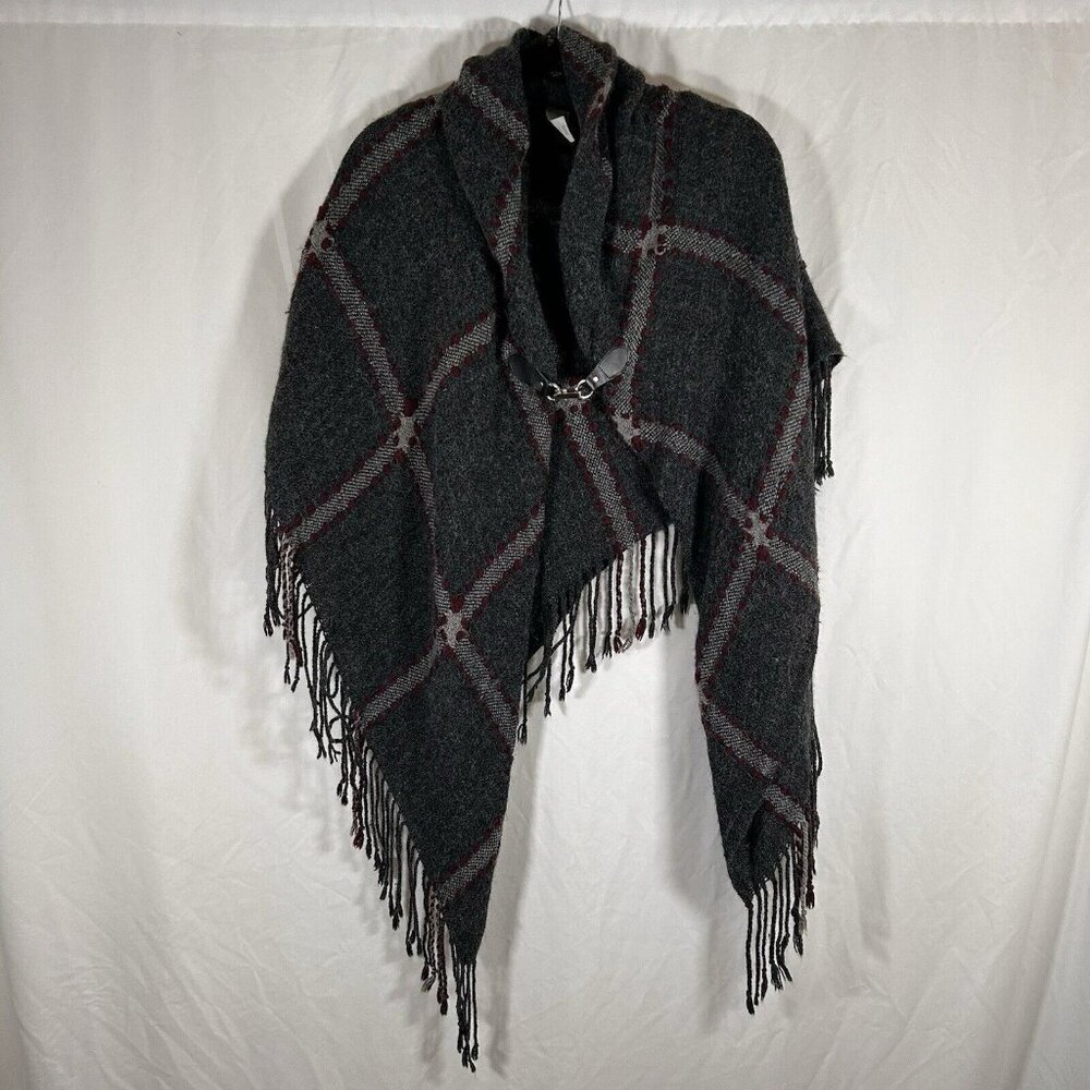 CJ Banks Wool Blend Wrap Women's One Size Grey Purple Plaid Front Clasp Poncho